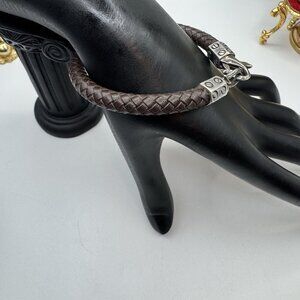 Vintage Sterling Silver 925 Braided Leather Bracelet Brown Southwestern Rare